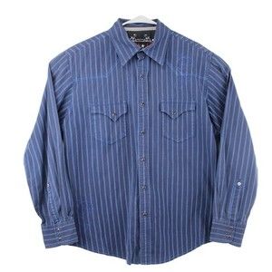 Rock 47 Wrangler Mens Blue Embroidered Long Sleeve Pearl Snap Shirt Sz Large